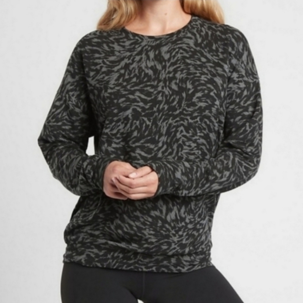 Athleta Studio To Street Black Camo Tencel Fleece Pullover Crewneck Sweatshirt
